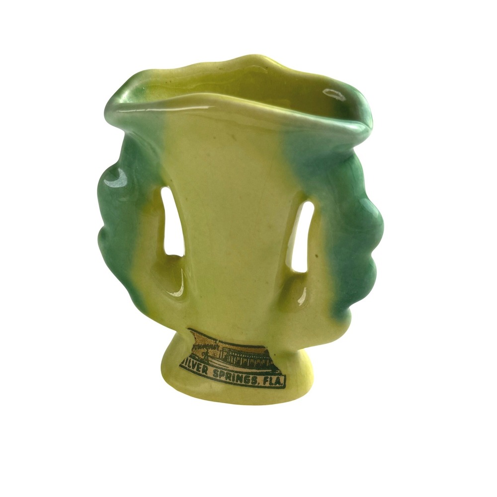 Vintage Silver Springs Florida Souvenir Bud Vase Yellow Green Ceramic 3.25in